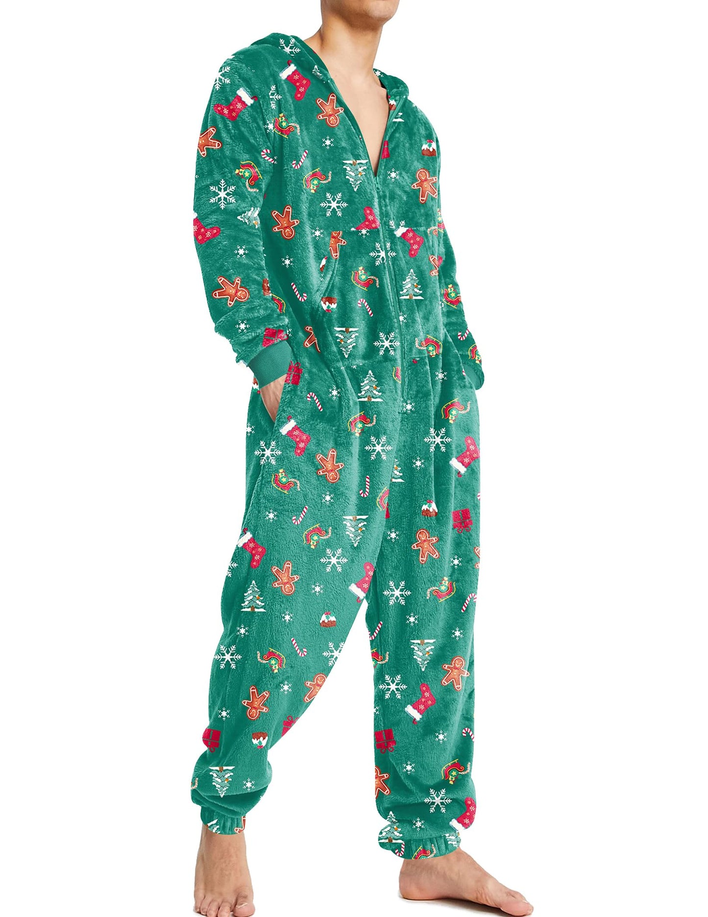 Ekouaer Mens Onesie Christmas Hoodie Fleece One Piece Pajamas Zipper Up Flannel Adult Pjs S-XXL Green Snowflake M