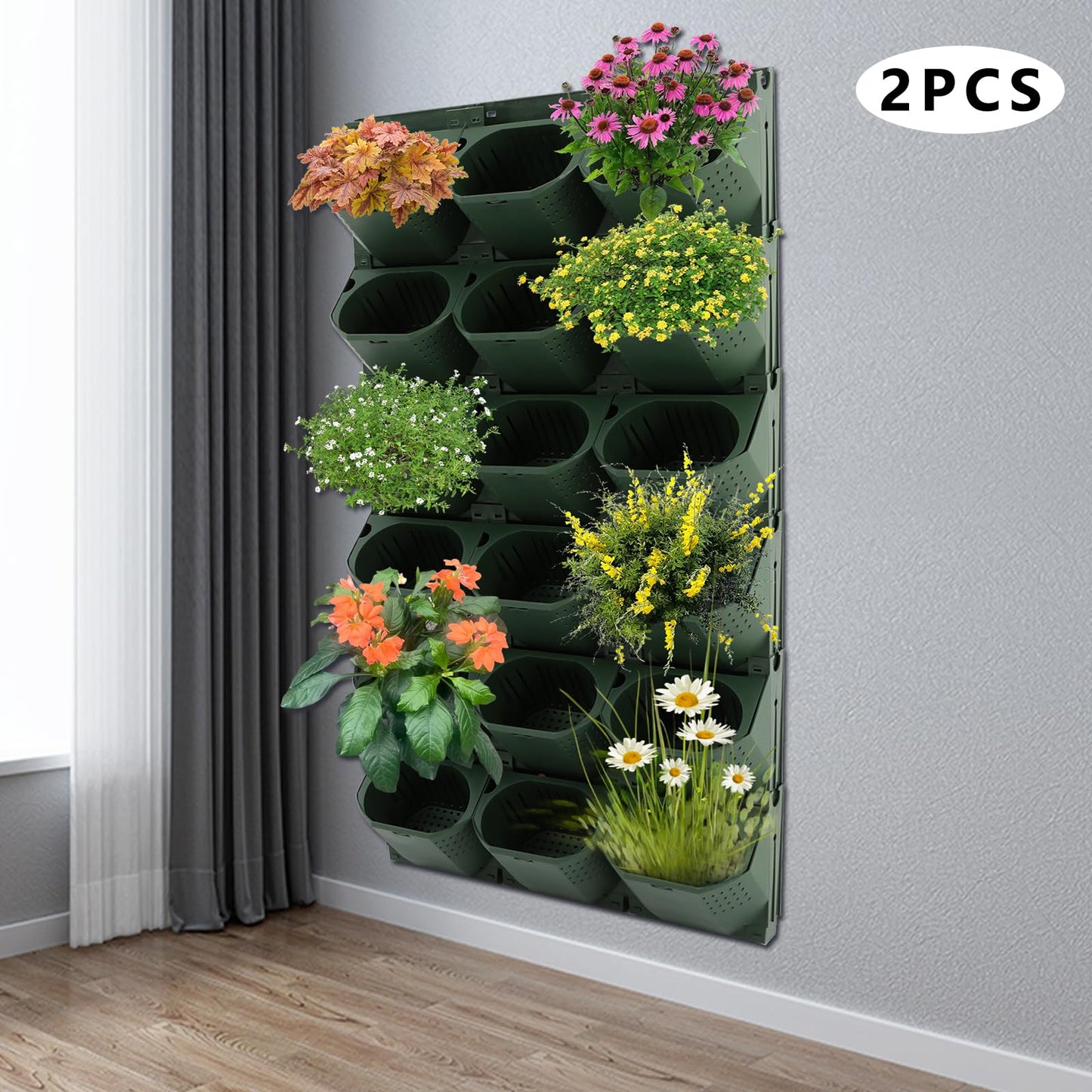 NEATOOM Wall Planter with 36 Pots, Wall-Mounted Indoor & Outdoor Flower Pot Holder, Vertical Garden Plastic Planter for Flowers, Vegetables, Grass (Army Green)