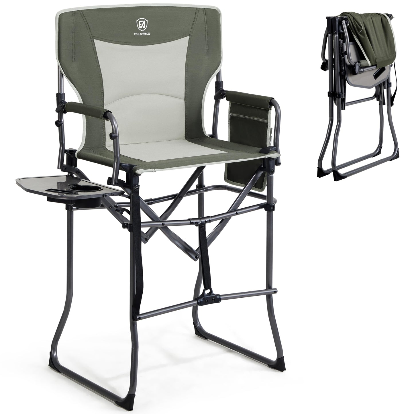 EVER ADVANCED Portable 30.7" Seat Height Tall Folding Camping Chair Directors Chair High Foldable Bar Stool with Side Table for Makeup Artist, Sports Event, Craft Show, Supports 350LBS