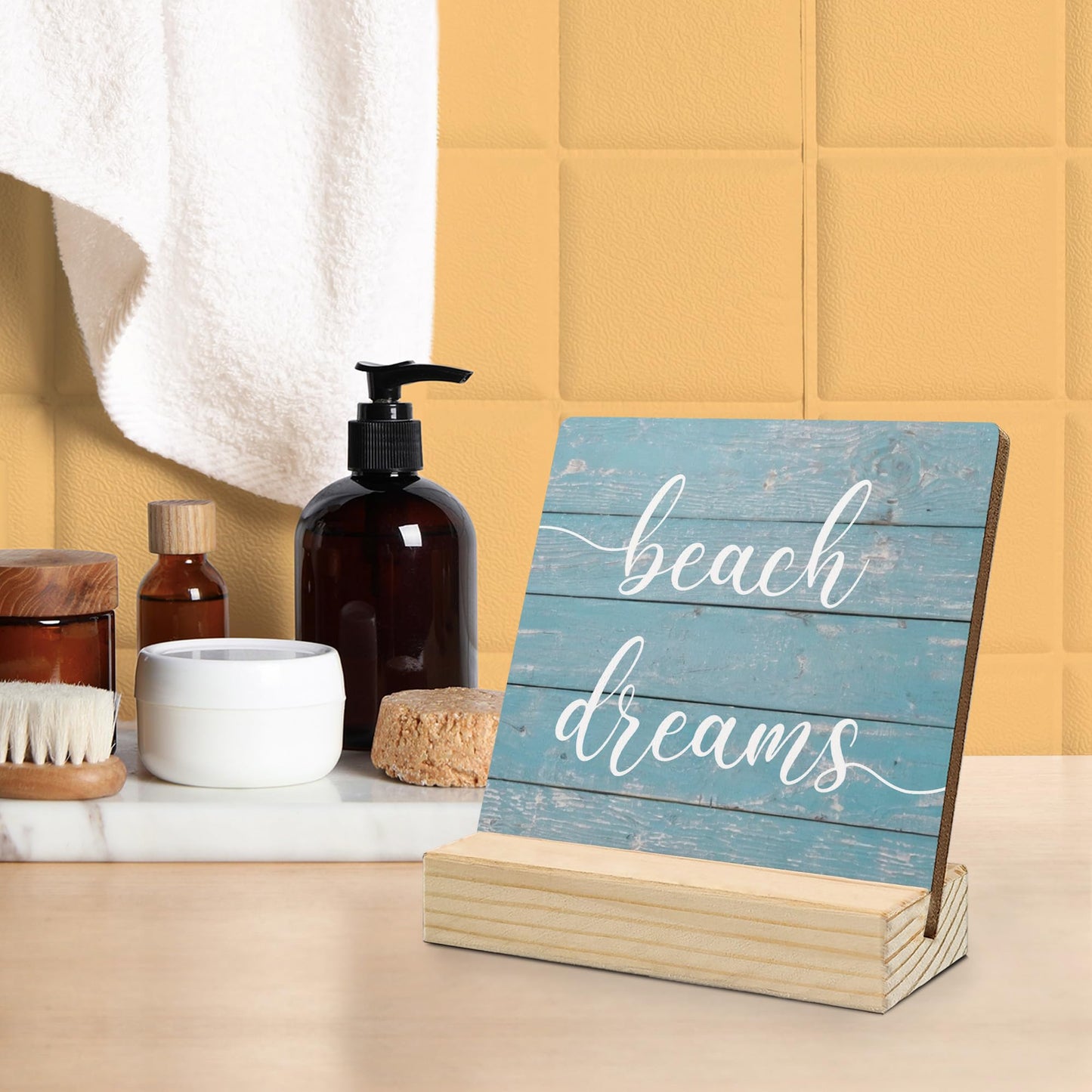 Mfyossrll Beach Desk Decor, Beach Dreams Decorative Signs & Plaques, Blue Coastal Ocean Nautical Beachy Desk Sign with Wooden Stand for Home Bedroom Office Shelf Table Decor