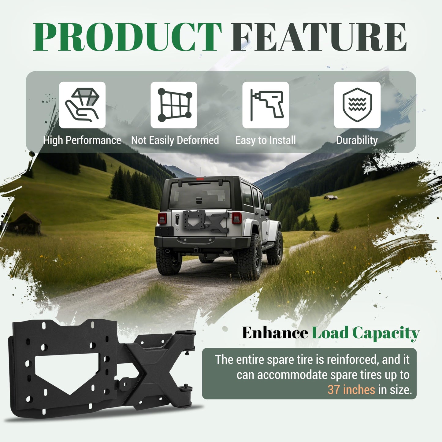 Gelacie Spare Tire Carrier Up to 37 inches Spare Wheel Compatible with 2007-2018 Jeep Wrangler JK Steel Powder Coated Black