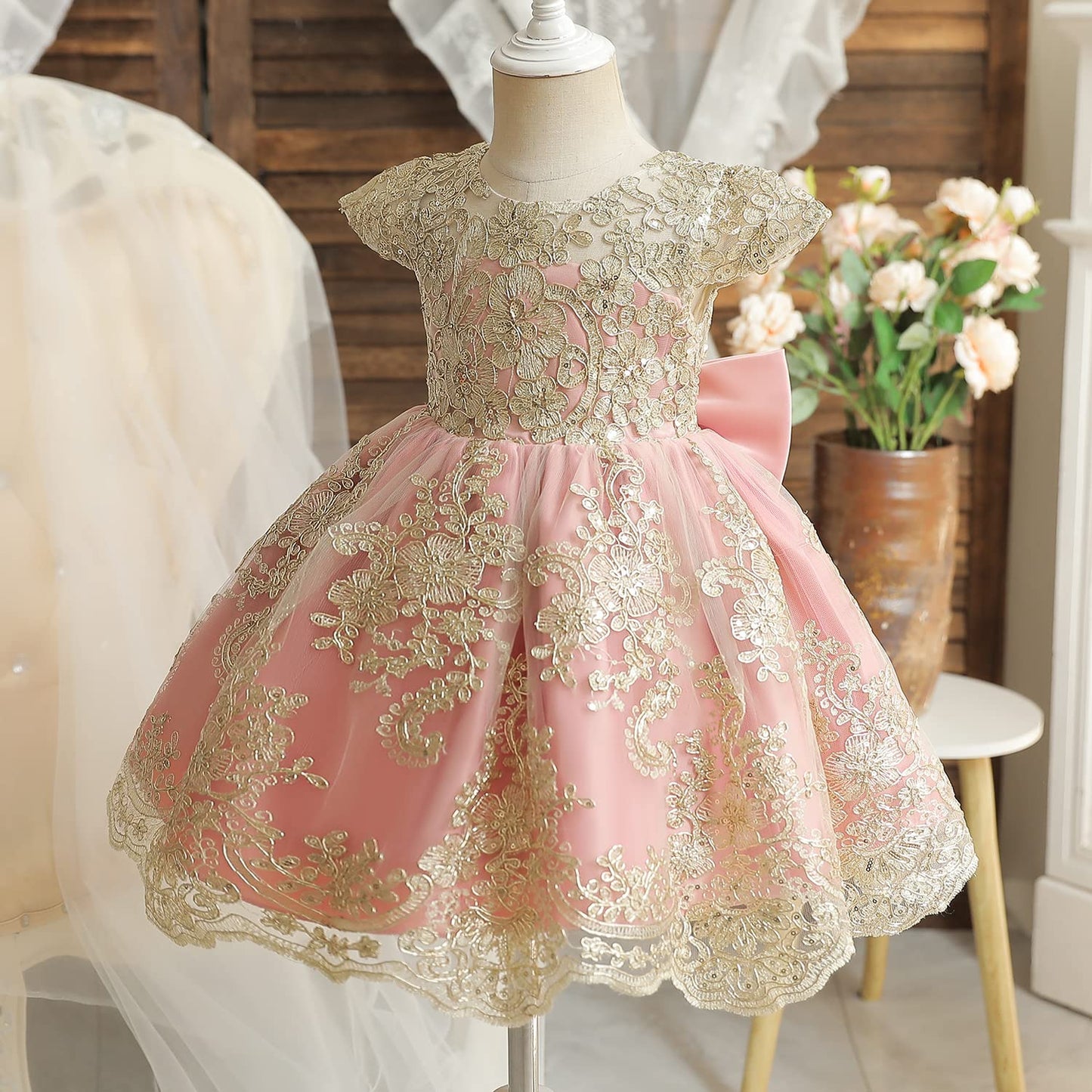 NNJXD Baby Girl Dress Flower Embroidery PrincessTutu Pageant Party Gown 2006 Pink Size(80) 6-12 Months