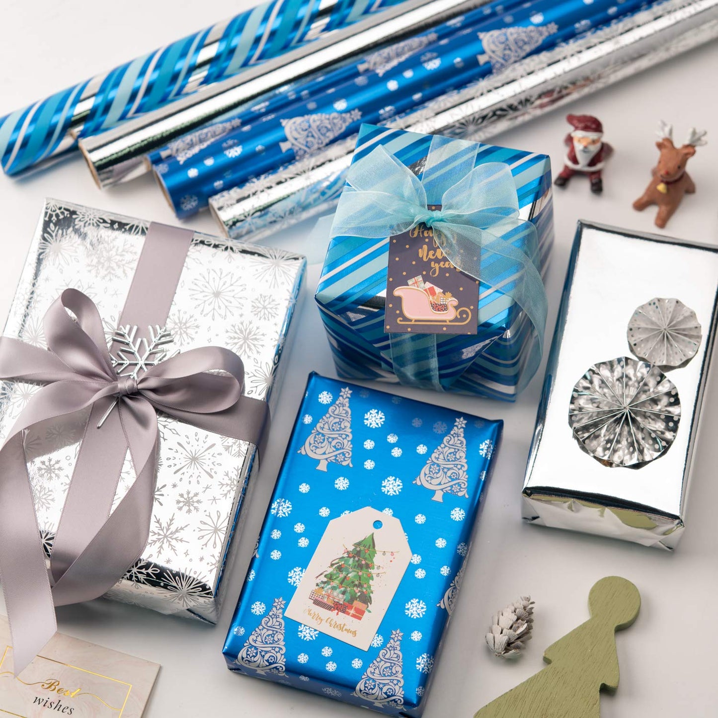 WRAPAHOLIC 30 Inch Christmas Wrapping Paper Roll - Jumbo Roll Blue and Silver Snowflake and Stripe Set with Metallic Foil Shine - 4 Rolls - 30 Inch x 120 Inch Per Roll