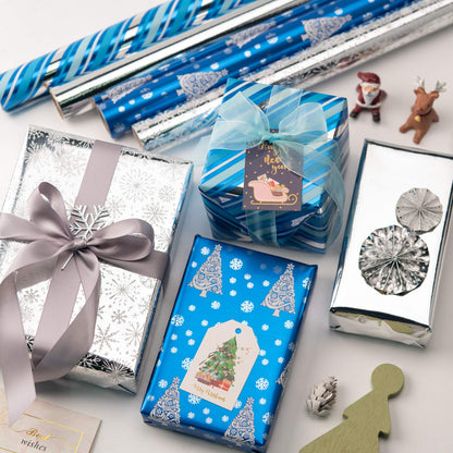 WRAPAHOLIC 30 Inch Christmas Wrapping Paper Roll - Jumbo Roll Blue and Silver Snowflake and Stripe Set with Metallic Foil Shine - 4 Rolls - 30 Inch x 120 Inch Per Roll