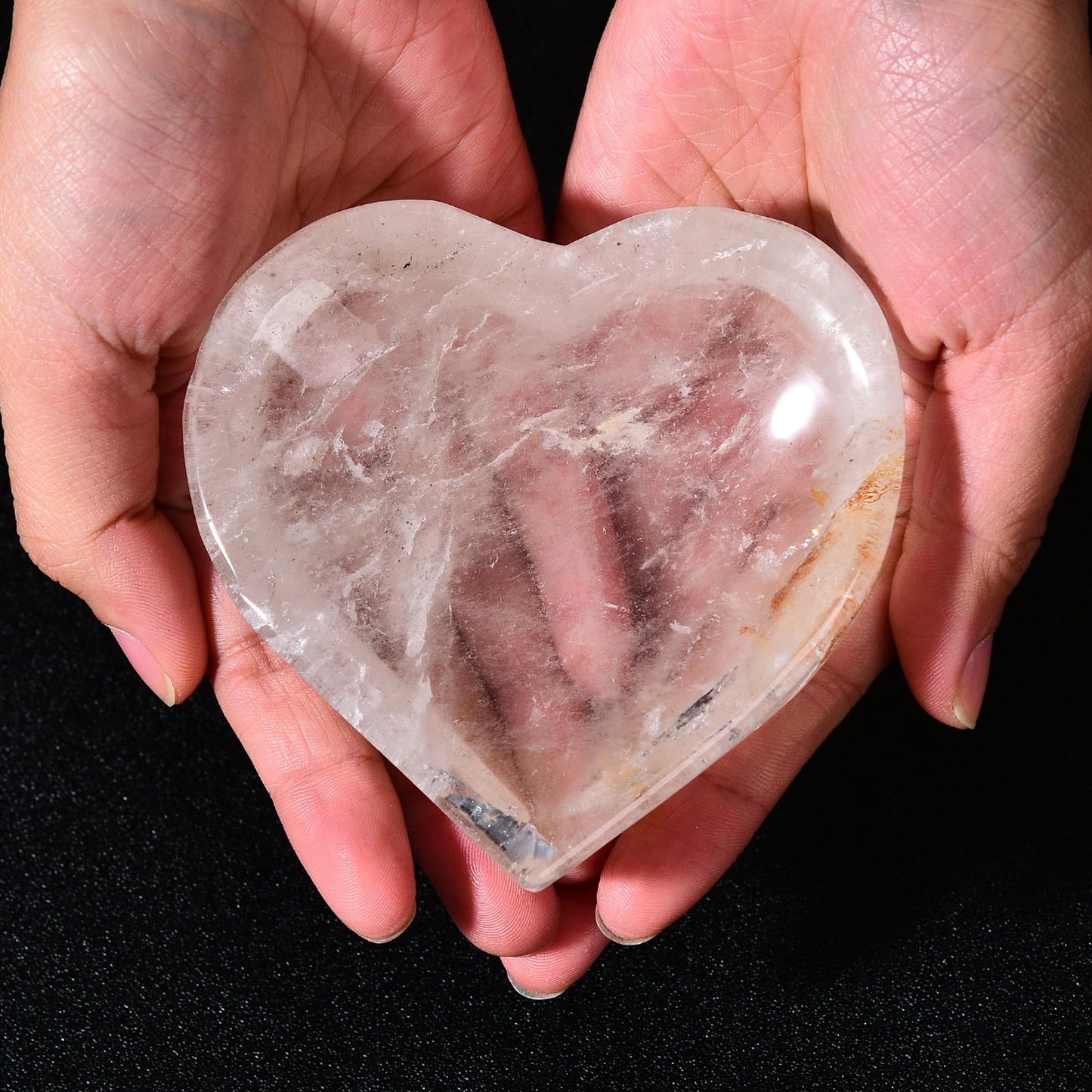 JIC Gem Clear Quartz Crystal Bowl Hand Carved Heart Shape Decorative Bowl Jewelry Tray Home Decor or Gift