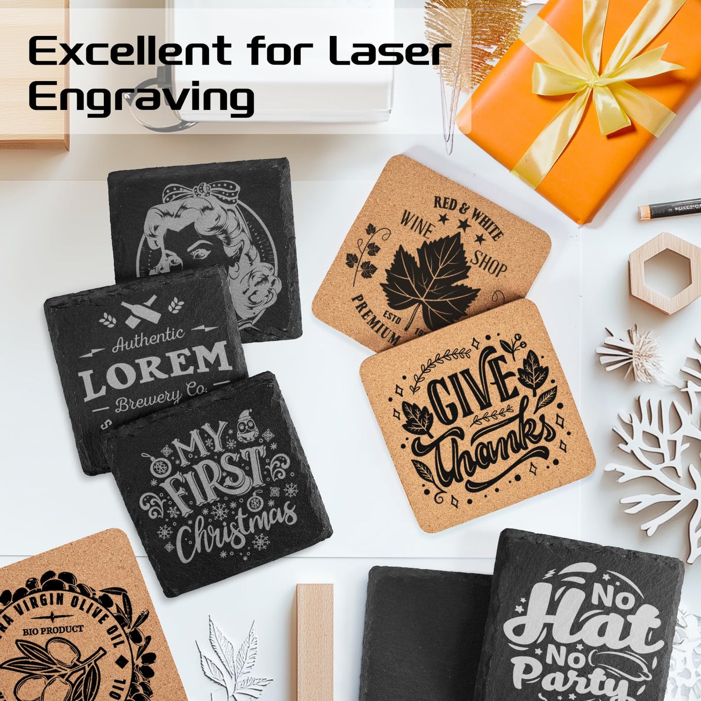 100 PCS Coaster Bulk for Laser Engraving, MAPRIAL 4 Inch 50 PCS Blanks Black Handmade Slate Stone Coasters, 50 PCS Cork Coasters, Engravable Materials for Engraver, Gifts, Crafts, Square