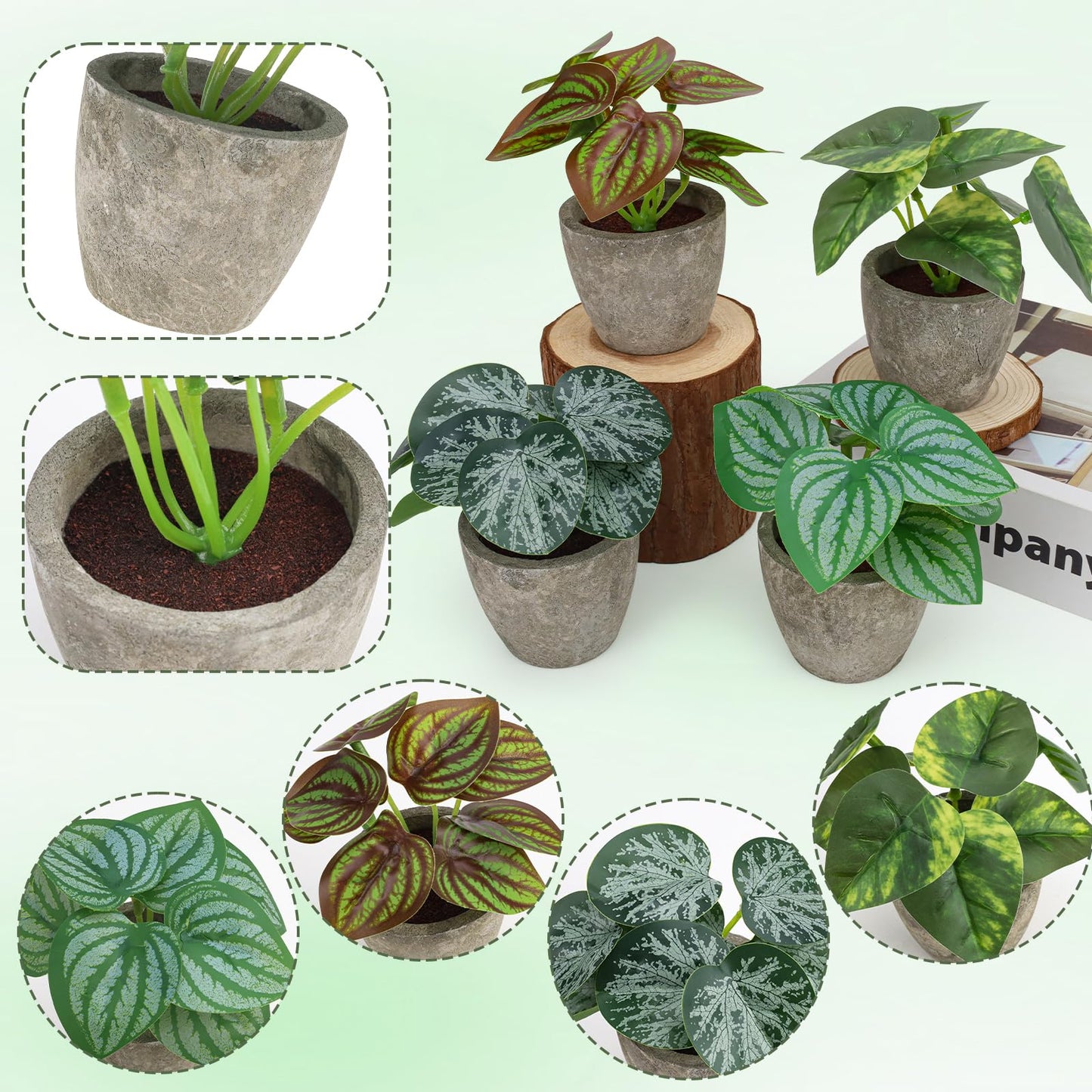 Woration 4Pcs Artificial Plants Potted Small Fake Tropical Faux Greenery Leaves Indoor for Office Desk Shelf Bathroom Home Decorations