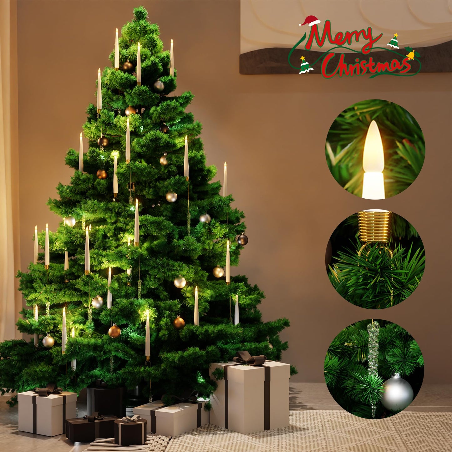 Christmas Tree Candles with Remote, 12 Pack Battery Operated Christmas Candles, LED Candlesticks for Xmas Tree Decoration, Flickering Flameless Candle for Home, Party Decor with Crystal Ball Hooks