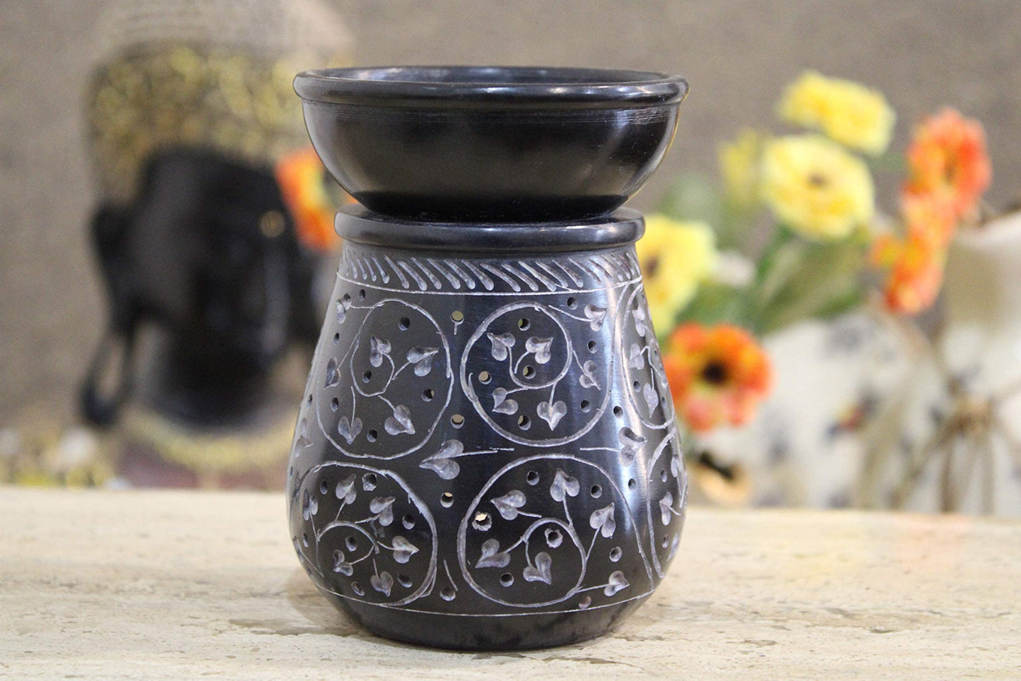 KC KULLICRAFT Handmade Black Soapstone Aroma Oil Burner