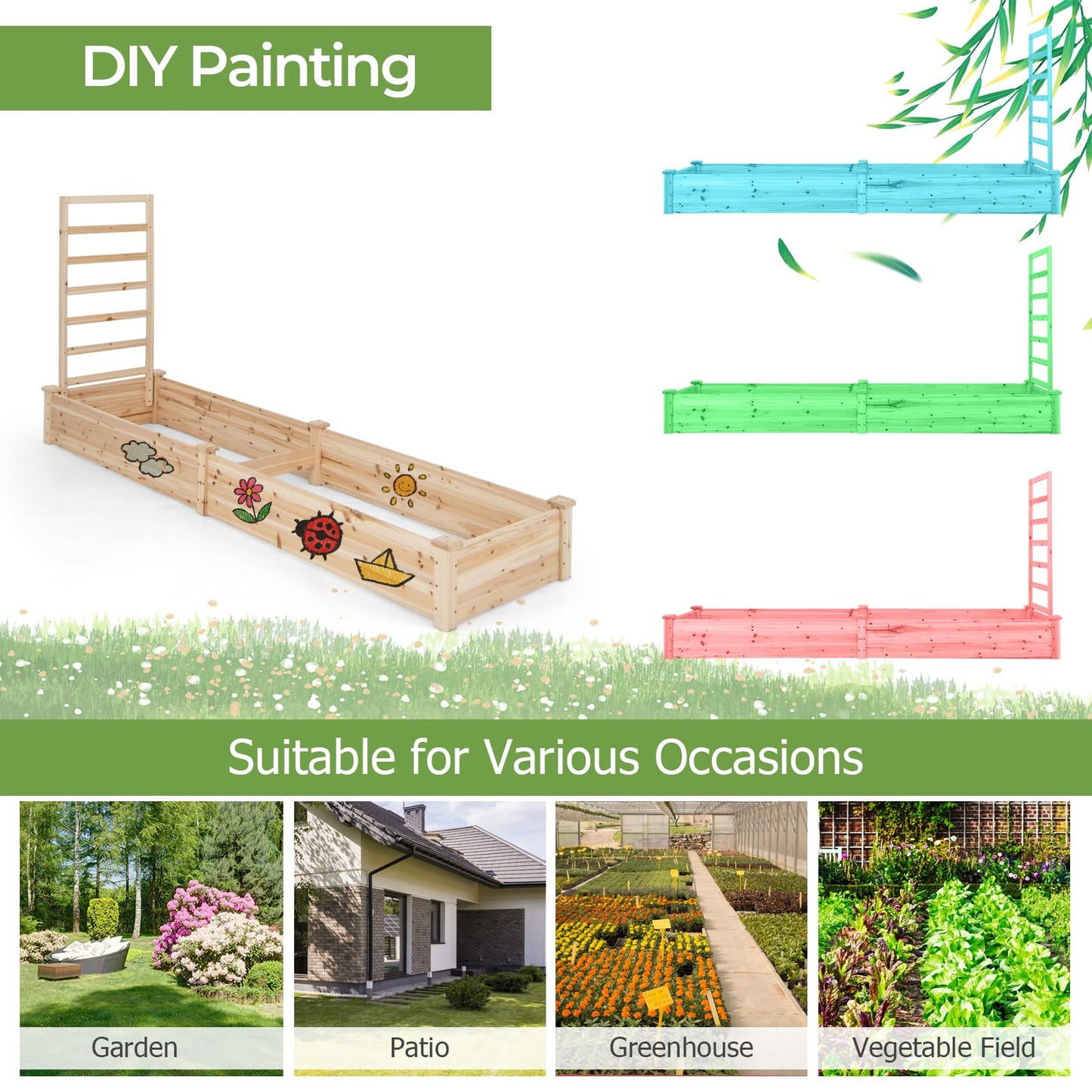 S AFSTAR Raised Garden Bed with Trellis & Planter Box, 93" L x 25" W x 40" H Outdoor Wooden Planter Box Kit for Flower Herb Vegetable Fruit Climbing Vines, Elevated Gardening Bed for Garden Patio