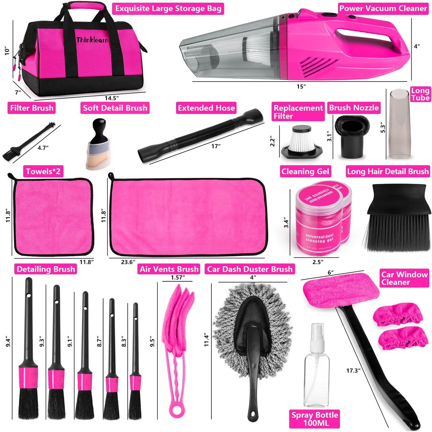 ThinkLearn Car Cleaning Kit, Car Vacuum Detailing Kit Interior with High Power Handheld Vacuum, Including 7Pcs Detailing Brush Set, Windshield Cleaner, Pink Car Accessories for Women