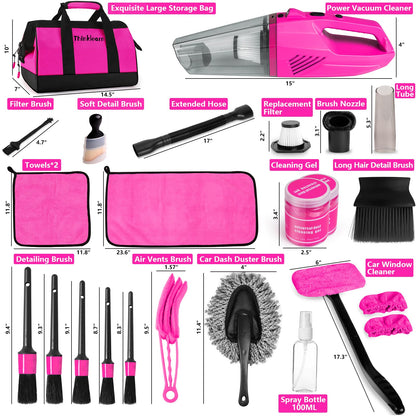 ThinkLearn Car Cleaning Kit, Car Vacuum Detailing Kit Interior with High Power Handheld Vacuum, Including 7Pcs Detailing Brush Set, Windshield Cleaner, Pink Car Accessories for Women