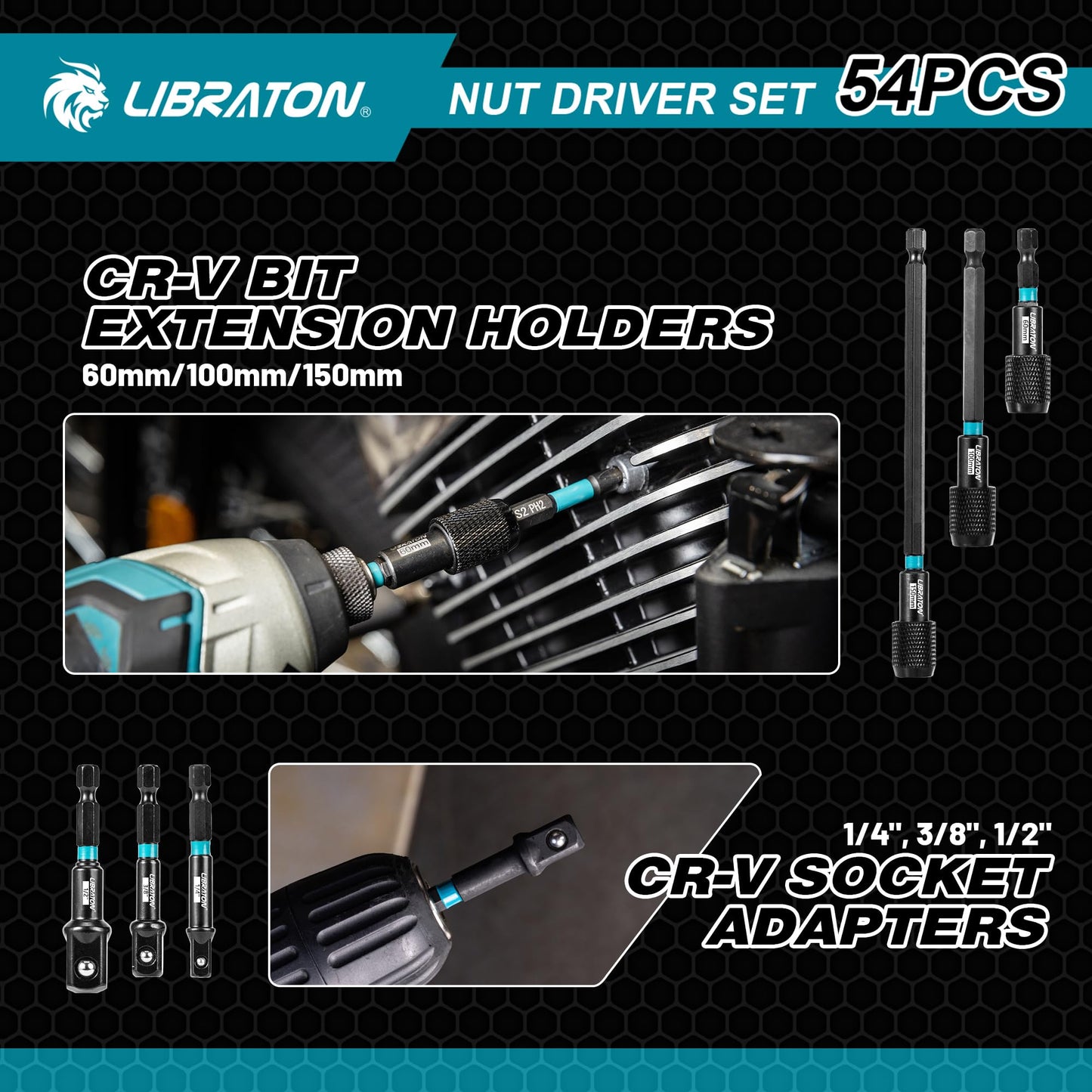 LIBRATON 54PCS Magnetic Nut Driver Set, Impact Drill Driver Bit 1/4", Metric & SAE Nut Driver for Impact Drill, Socket Adapters, Screwdriver Bits, Quick-Release Extension, Wing Nut Driver, Storage Box