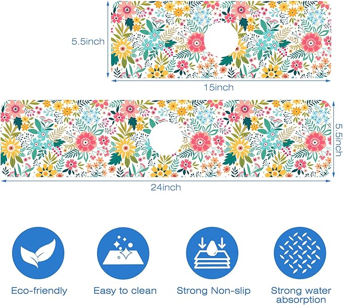 Colorful Floral Leaves Berries Kitchen Sink Splash Guard Mat Absorbent Fast