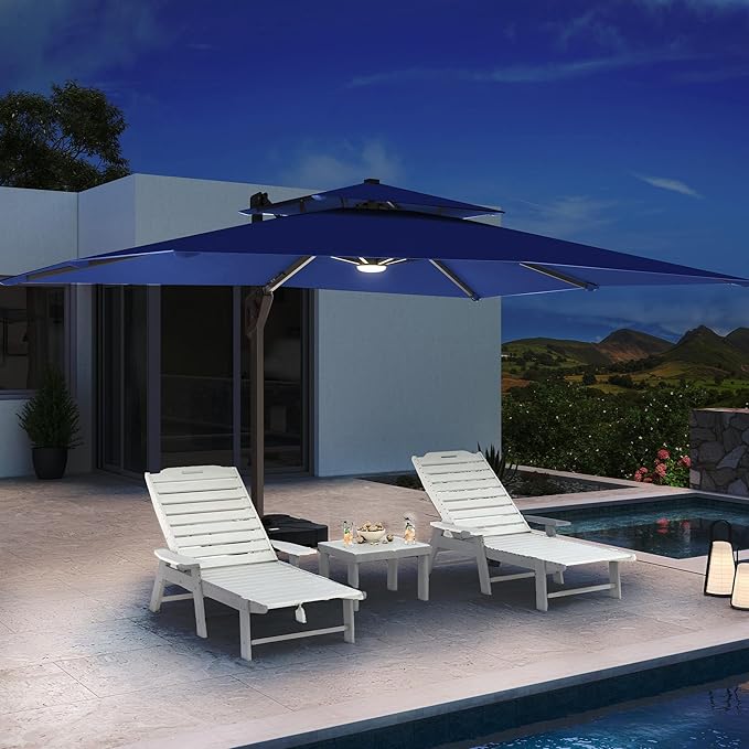 10 X 13 FT Cantilever Patio Umbrella with LED Lights Outdoor Heavy Duty Double Top Windproof Rectangle Offset Umbrellas with 360-degree Rotation for Pool Deck Backyard, Navy