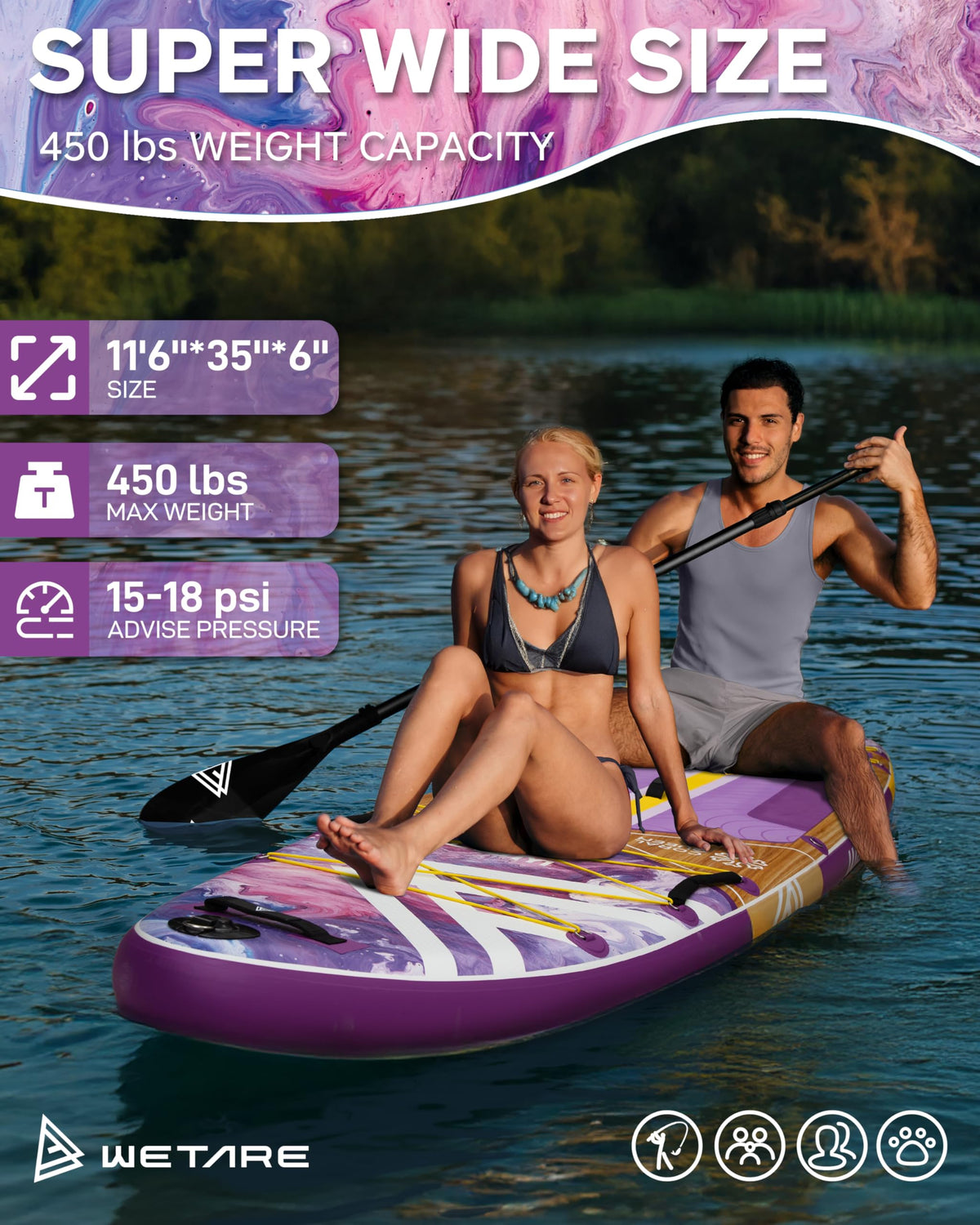 WETARE 11'6"x35" Inflatable Paddle Board, 450lbs Extra Wide Stand Up Sup Board for Adults, Blow Up Paddleboard Kayak Non-Slip Stable Deck Boat for Yoga Fishing Surf
