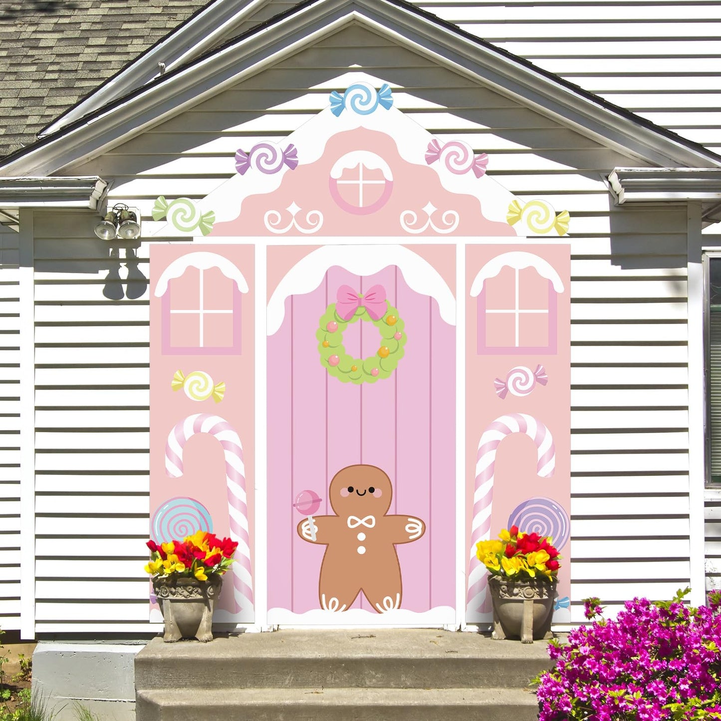 Hahafelt 4 Pcs Pastel Candy Christmas Gingerbread Door Covers Decoration Xmas Pink Gingerbread House Candy Door Backdrop Christmas Photo Booth Props Porch Sign for Holiday Classroom Home Party Decor