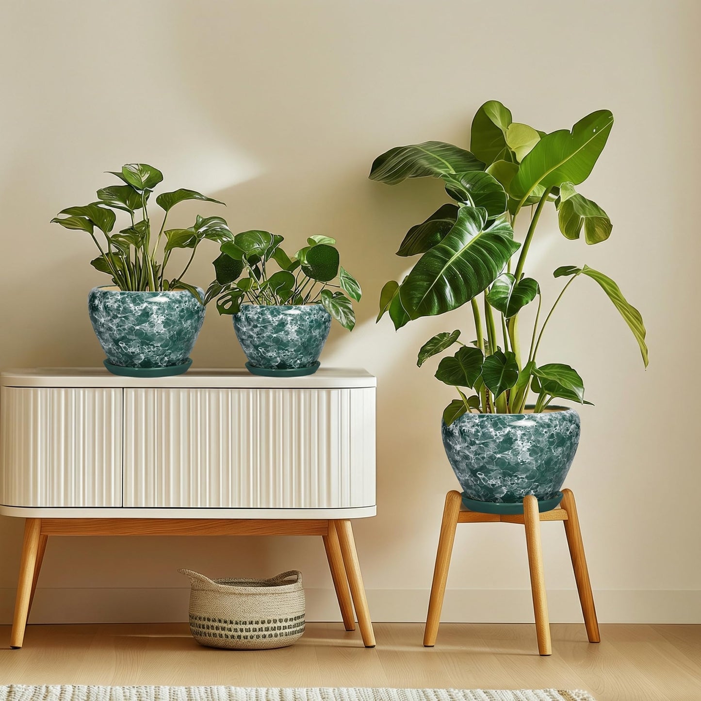 Thirtypot 6 Inch Planter - Ceramic Plant Pots Indoor with Drainage Hole and Saucer, Indoor Plant Pots for Flowers Plants, Round Modern Small Planter, Bedroom Decor, Plants Lover Gift, Bubble Green