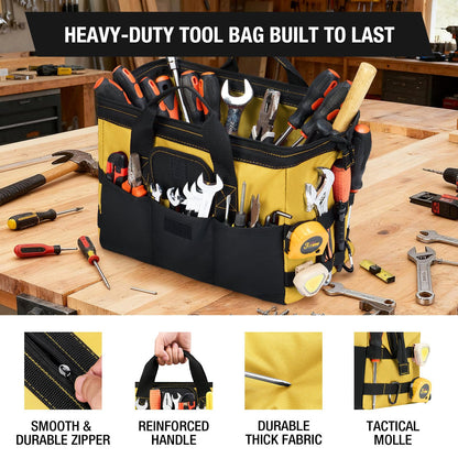 HISEA 3 Pack Heavy Duty Tool Bag with Storage Pockets, 16-Inch Tools Organizer Tote with Wide Base, Waterproof Durable Tool Bags with Zipper for Electrician, Tradesman (Red, Yellow, Blue)