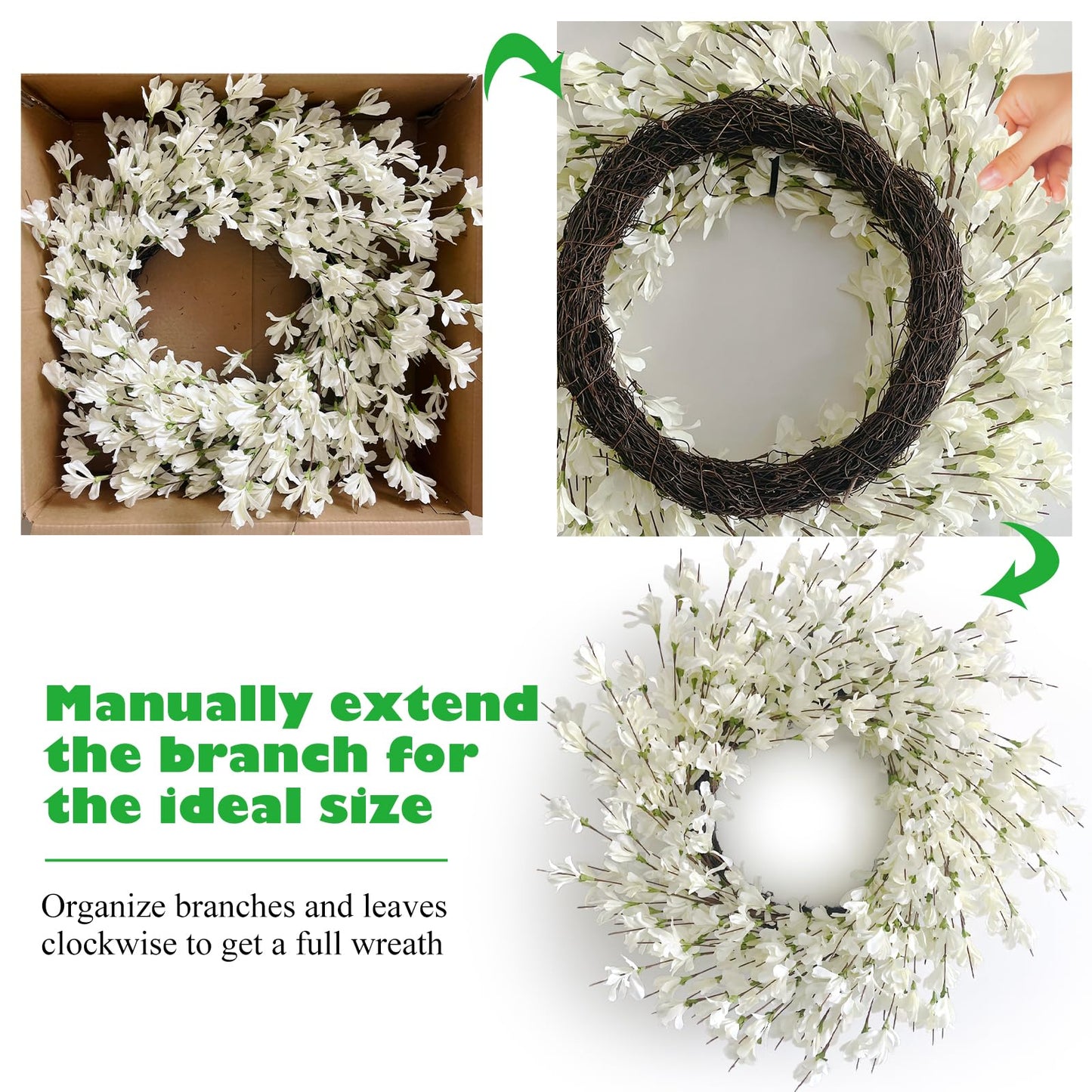 Spring Wreath for Front Door, 24 Inch White Cream Forsythia Spring Wreath Blossom Cluster Flower Farmhouse on Grapevine for Front Door Wall Window Hanging Décor Festival Celebration