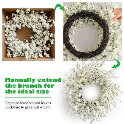 Spring Wreath for Front Door, 24 Inch White Cream Forsythia Spring Wreath Blossom Cluster Flower Farmhouse on Grapevine for Front Door Wall Window Hanging Décor Festival Celebration