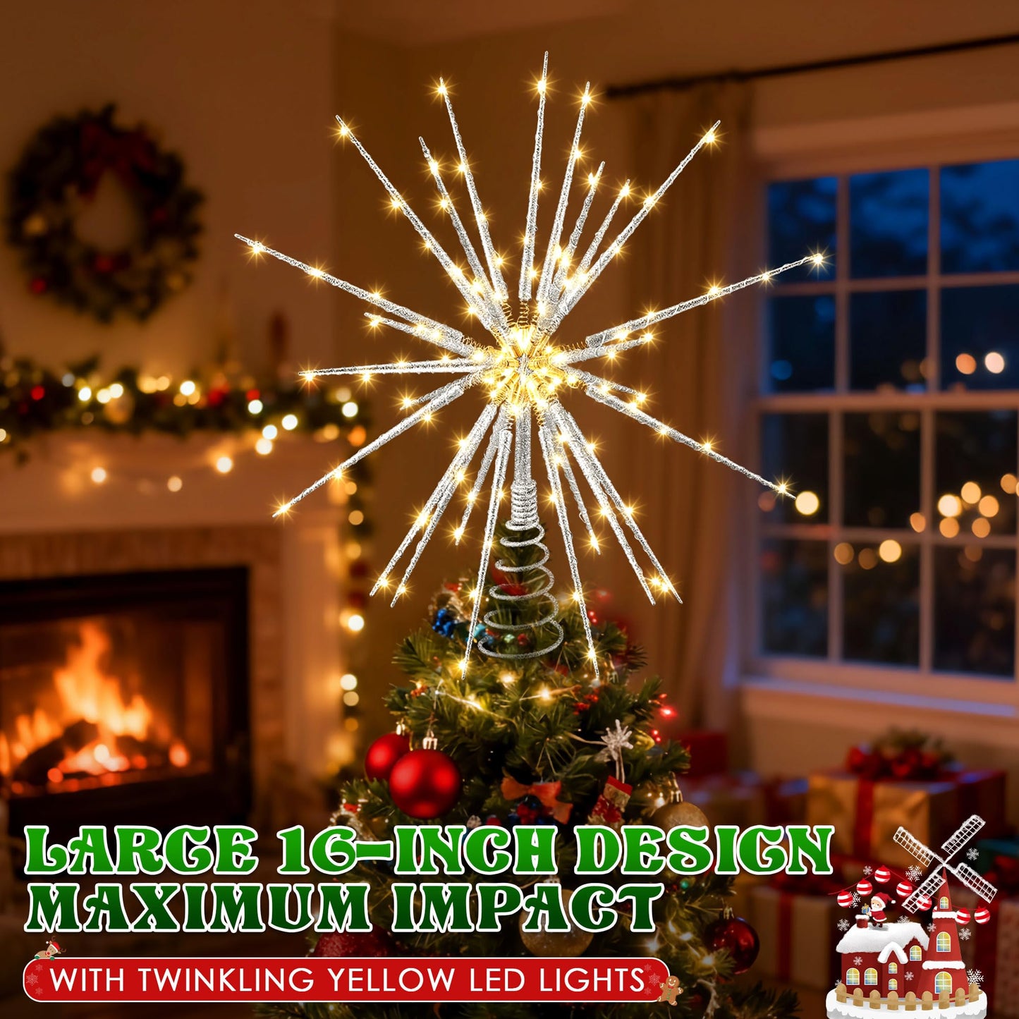 Meonum 16in Christmas Tree Topper with LED Light - 25 of 100 Lights Twinkle, Christmas Star Tree Topper for Holiday Decor, Universal Size, Lightweight and Easy to Install(Silver, 16inch)