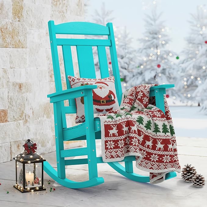 LUE BONA Rocking Chair Outdoor, Weather Resistant HDPS Plastic Rocker Chairs, 350lb Heavy Duty, Oversized Porch Rocker for Adult, High Back Smooth Rocking Chairs for Outdoor & Indoor, Aruba Blue