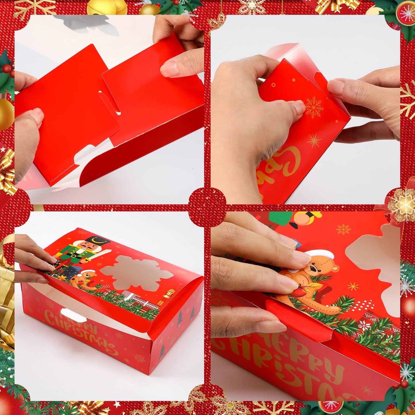 Beeveer 24 Pcs Christmas Cookie Boxes for Gift Giving Christmas Treat Boxes with Window Christmas Cookie Containers 8.7 x 5.7 x 2.8 Inch Kraft Holiday Bakery Box for Xmas Party Favor Cupcakes Candy