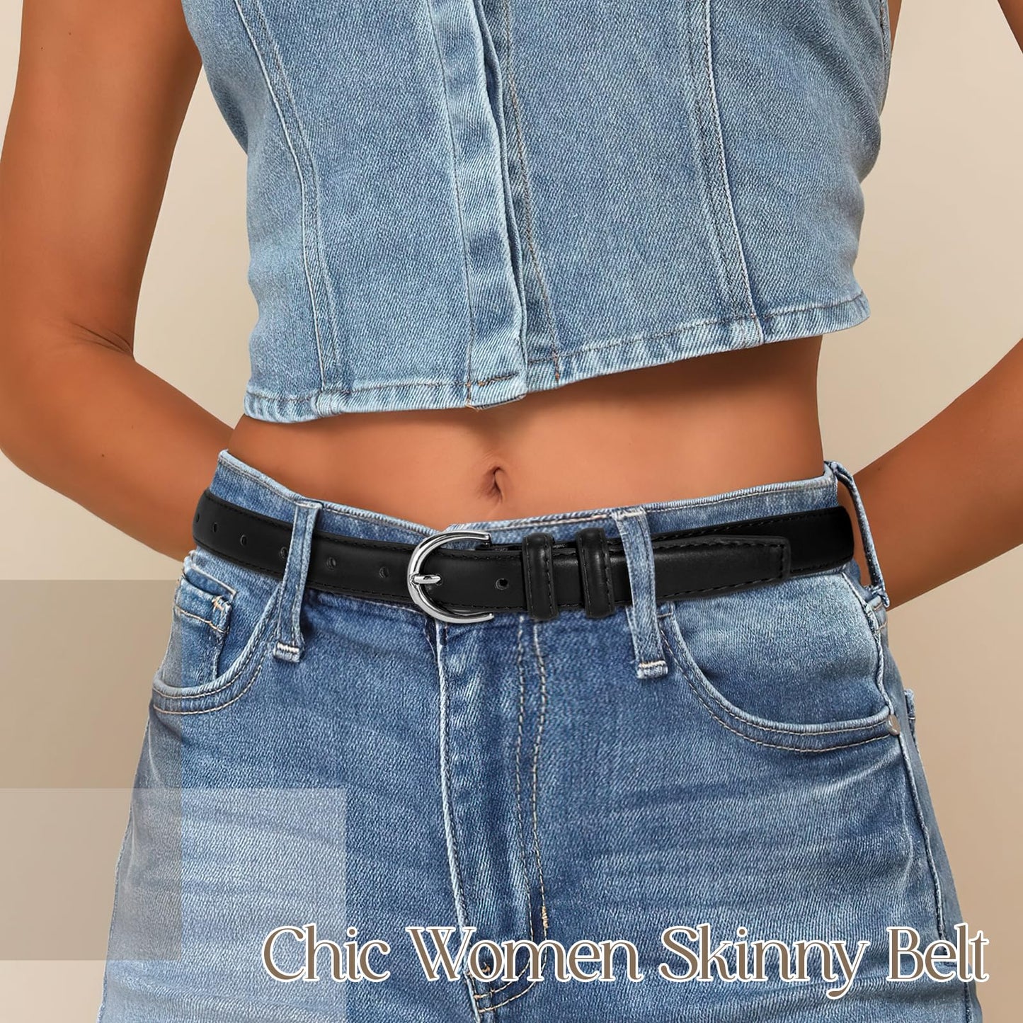 SANSTHS Women Leather Belt for Jeans Pants Fashion Ladies Skinny Belt for Dresses Thin Belt with Single Prong Buckle,Black,L