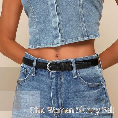 SANSTHS Women Leather Belt for Jeans Pants Fashion Ladies Skinny Belt for Dresses Thin Belt with Single Prong Buckle,Black,L