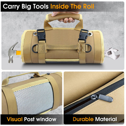 Roll Up Tool Bag, Heavy Duty Tool Organizer with 2 Detachable Pouches, Durable Tool Storage for Men, Women, Husband, Handyman, RV Owners, Khaki