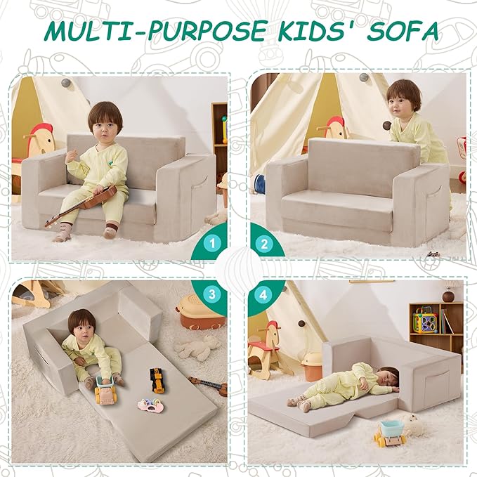 Kids Couch, 2-in-1 Toddler Chair Comfy 1-3 Years, Convertible Kids Chair