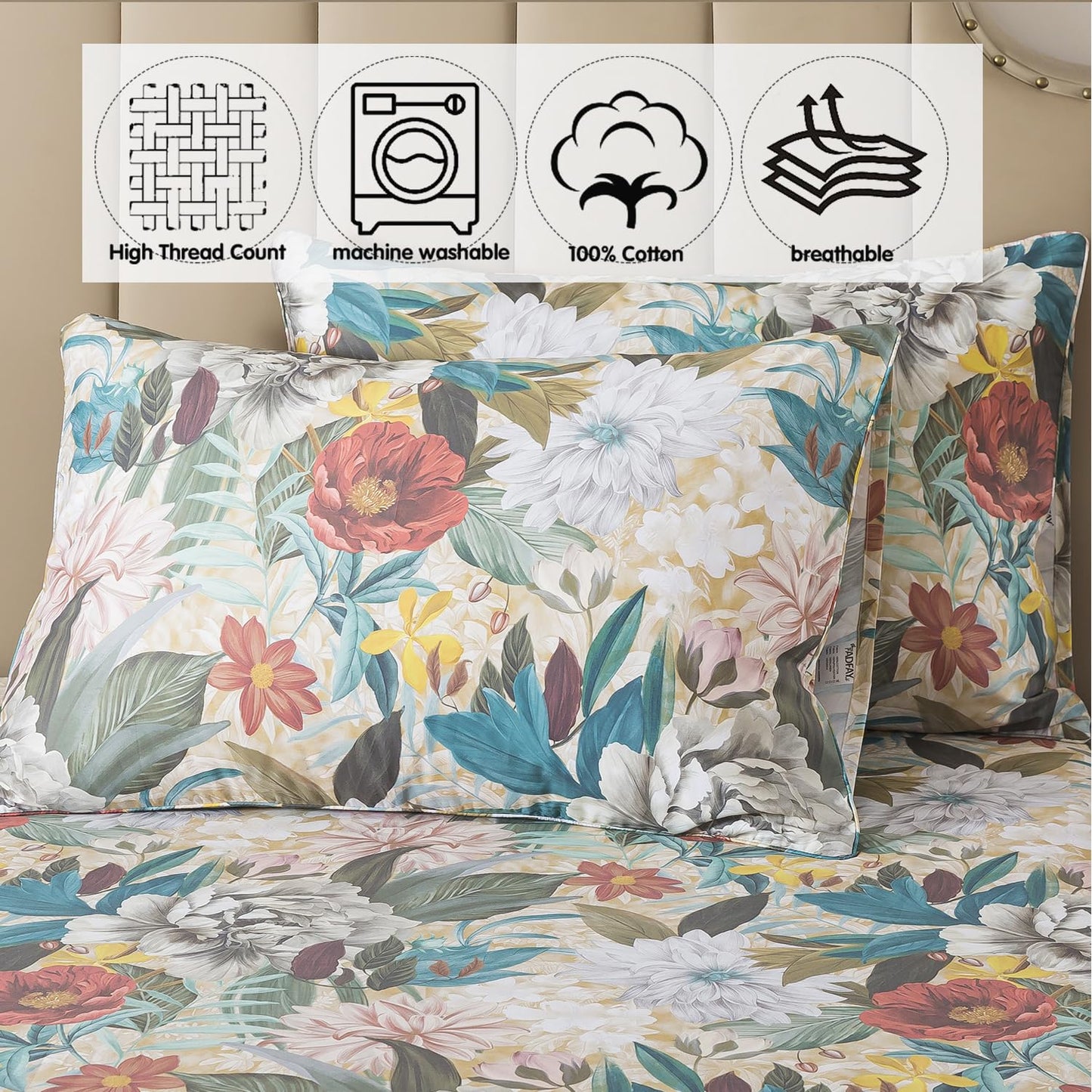 FADFAY California King Sheet Set, 100% Cotton Sateen Soft Breathable, Luxury Vintage Floral Bed Sheets, Deep Pocket Fitted Sheet, Classic Garden Style Bedding, 4 Pieces