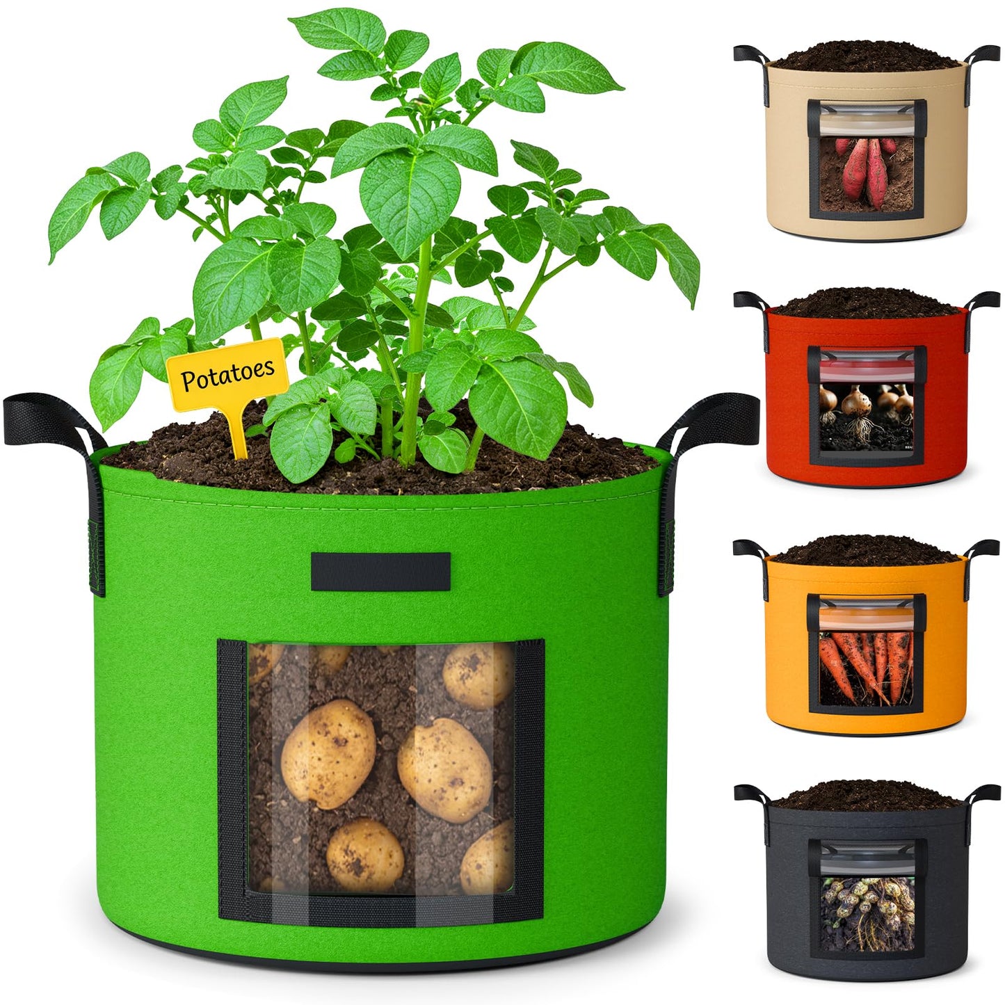 10 Gallon Potato Grow Bags: 5 Pack 350G Heavy Duty Thickened Grow Bags with Clear Harvest Window & Durable Handles - Felt Nonwoven Fabric Pots Planting Container for Plants Vegetable Flowers Herbs