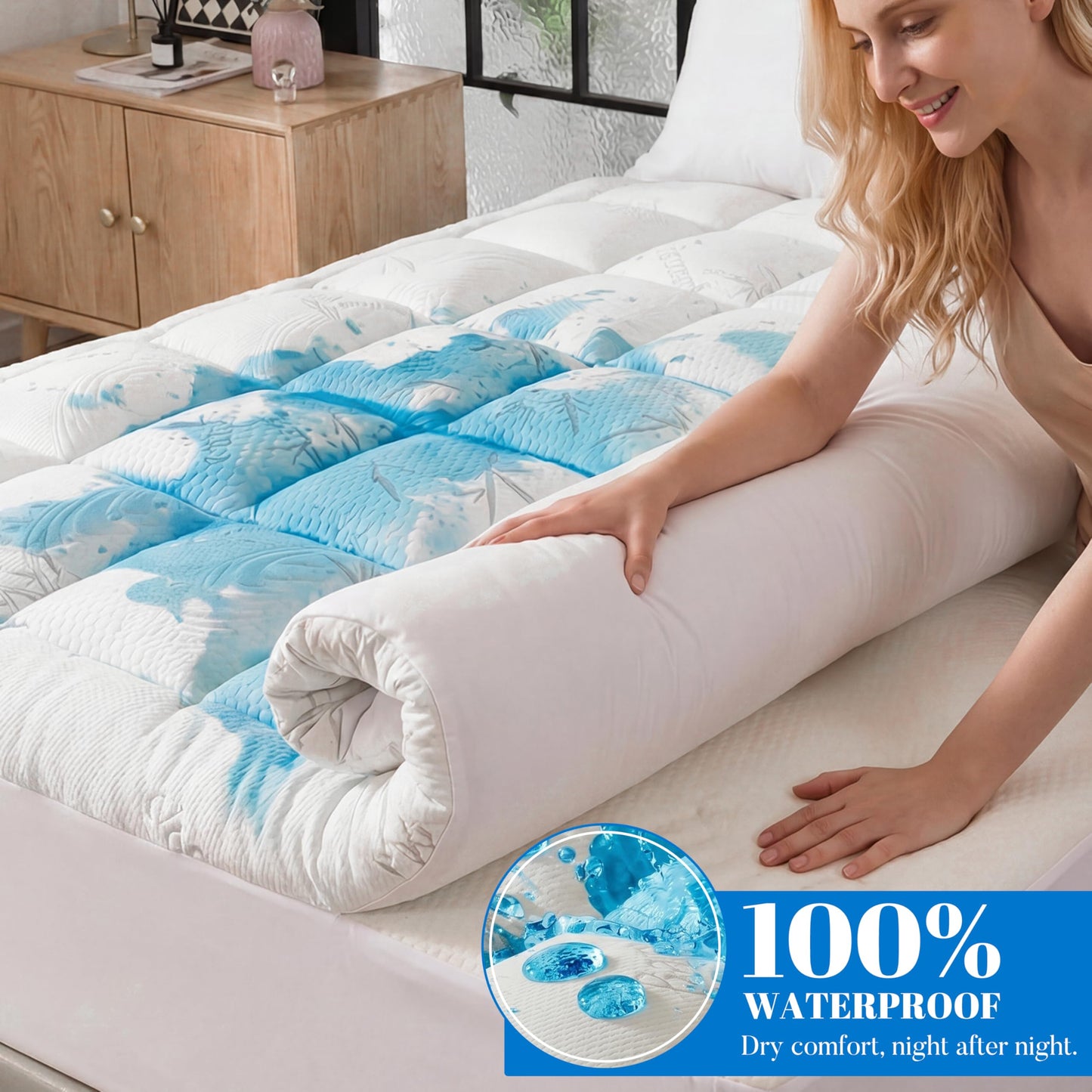 Ubauba 100% Waterproof Queen Size Mattress Topper, Viscose Made from Bamboo Pillow Top Mattress Protector for Back Pain Relief, Breathable Cooling Mattress Pad for Hot Sleeper, 8-21 Inch Deep Pocket