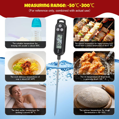 6 Pcs Instant Read Meat Thermometer with Long Probe 9.65 Inch Kitchen Cooking Food Candy Waterproof Digital Thermometer for BBQ Water Milk Yogurt Liquid (Round&Square Ring,Black,White,Red)