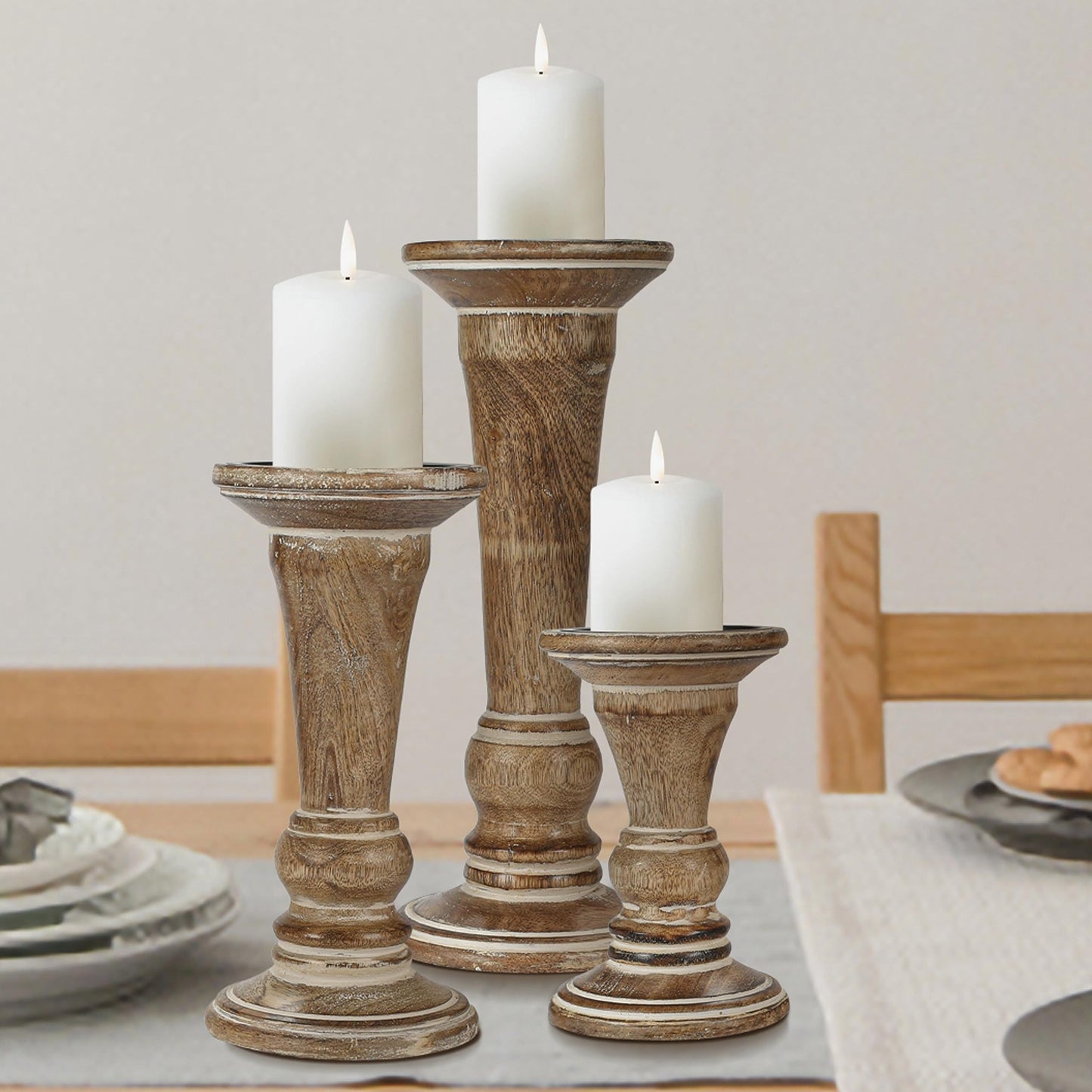 Hand Crafted Decorative Wooden Pillar Candle Holder Stand Siren Shape, Rounded Turned Colums, Country Style Ideal for Gift, Wedding, Christmas, Party, Home, Spa - 10,8,6 Inch Set of 3 - White Wash