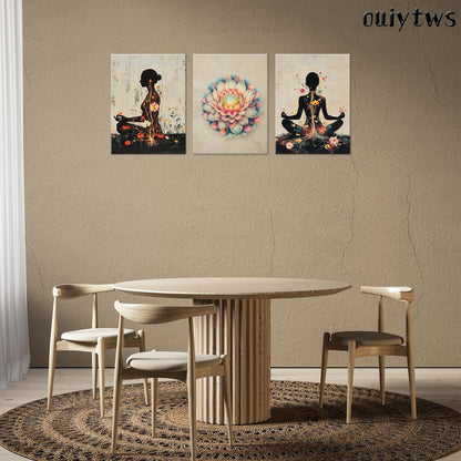 Yoga and Flower themed Meditation Wall Art Set of 3, Spiritual Meditation Women's Match with Flower and Lotus Patterns Canvas Poster Prints Painting,for Yoga Meditation Room,Bedroom,Framed 12X16in
