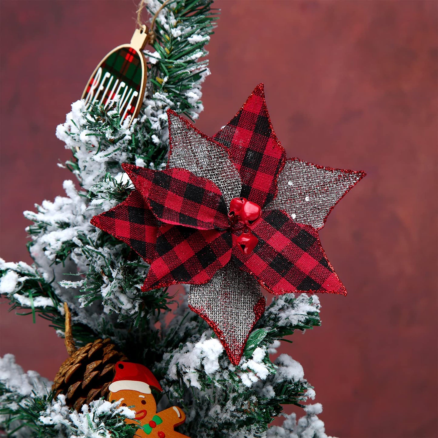 Chuangdi 12 Pcs Buffalo Plaid Poinsettias 6.7 Inches Christmas Tree Ornaments Burlap Artificial Xmas Flower Decor with Bells for Rustic Christmas Tree Wreath Garland Party(Red Black)