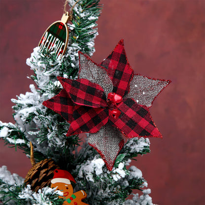Chuangdi 12 Pcs Buffalo Plaid Poinsettias 6.7 Inches Christmas Tree Ornaments Burlap Artificial Xmas Flower Decor with Bells for Rustic Christmas Tree Wreath Garland Party(Red Black)