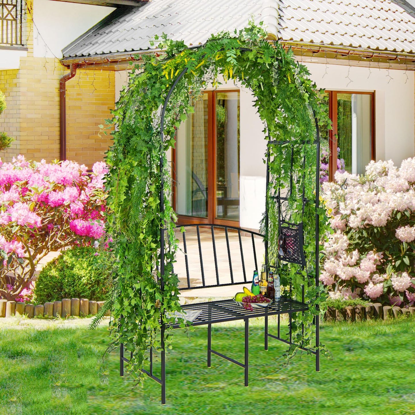 Moccha Metal Garden Arch with Bench, Outdoor Pergola Trellis Archway for Climbing Plant Roses Vines, 2-Person Garden Arbor with Seat for Backyard Weeding Party Ceremony, 81” x 45.5'' x 20'', Black