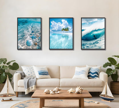 3pcs Blue Ocean Wall Art Featuring Starfish Seashells Waves and Palm Trees Summer Beach-Themed Canvas Paintings Prints Modern Coastal Style Posters Wall Decor suitable for Bathroom living room Decoration (Unframed)