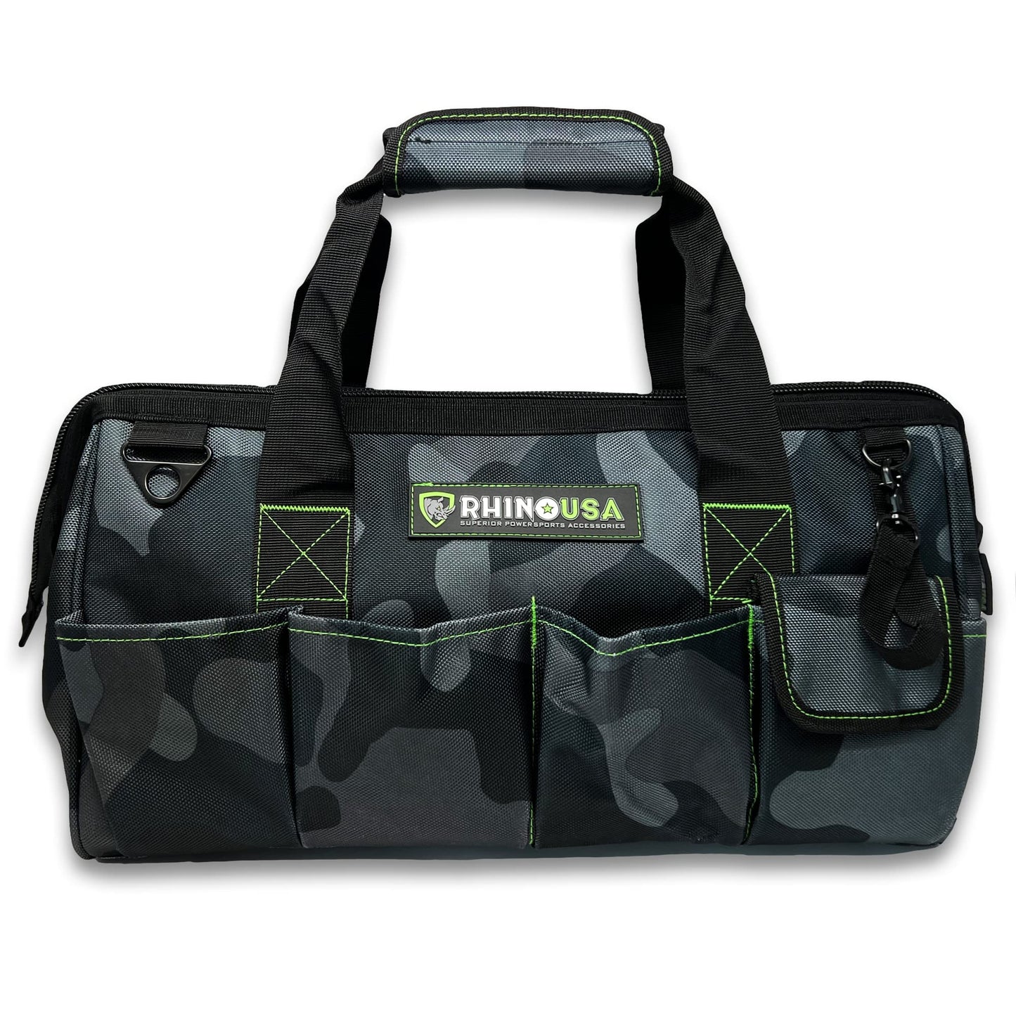 Rhino USA Tool Bag (18-Inch) Heavy Duty Wide Mouth Tool Tote with Zipper for Men - Large Tools Bags with Extra Side Storage Pockets, Reinforced Shoulder Strap & Upgraded Metal Clips (Camo)
