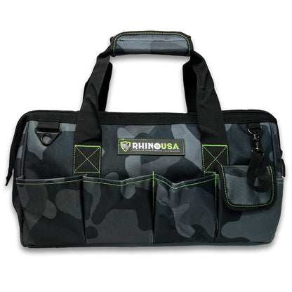Rhino USA Tool Bag (18-Inch) Heavy Duty Wide Mouth Tool Tote with Zipper for Men - Large Tools Bags with Extra Side Storage Pockets, Reinforced Shoulder Strap & Upgraded Metal Clips (Camo)