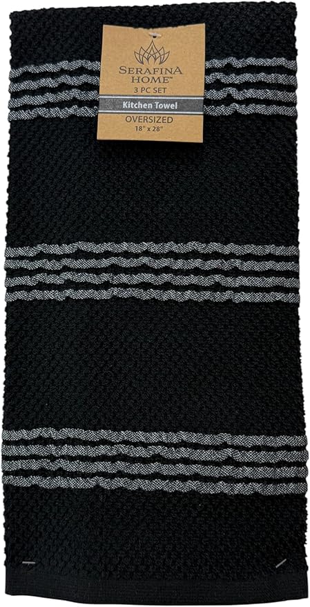 Serafina Home Black Kitchen Hand Dish Towels: Oversized 18" x 28", 100% Cotton
