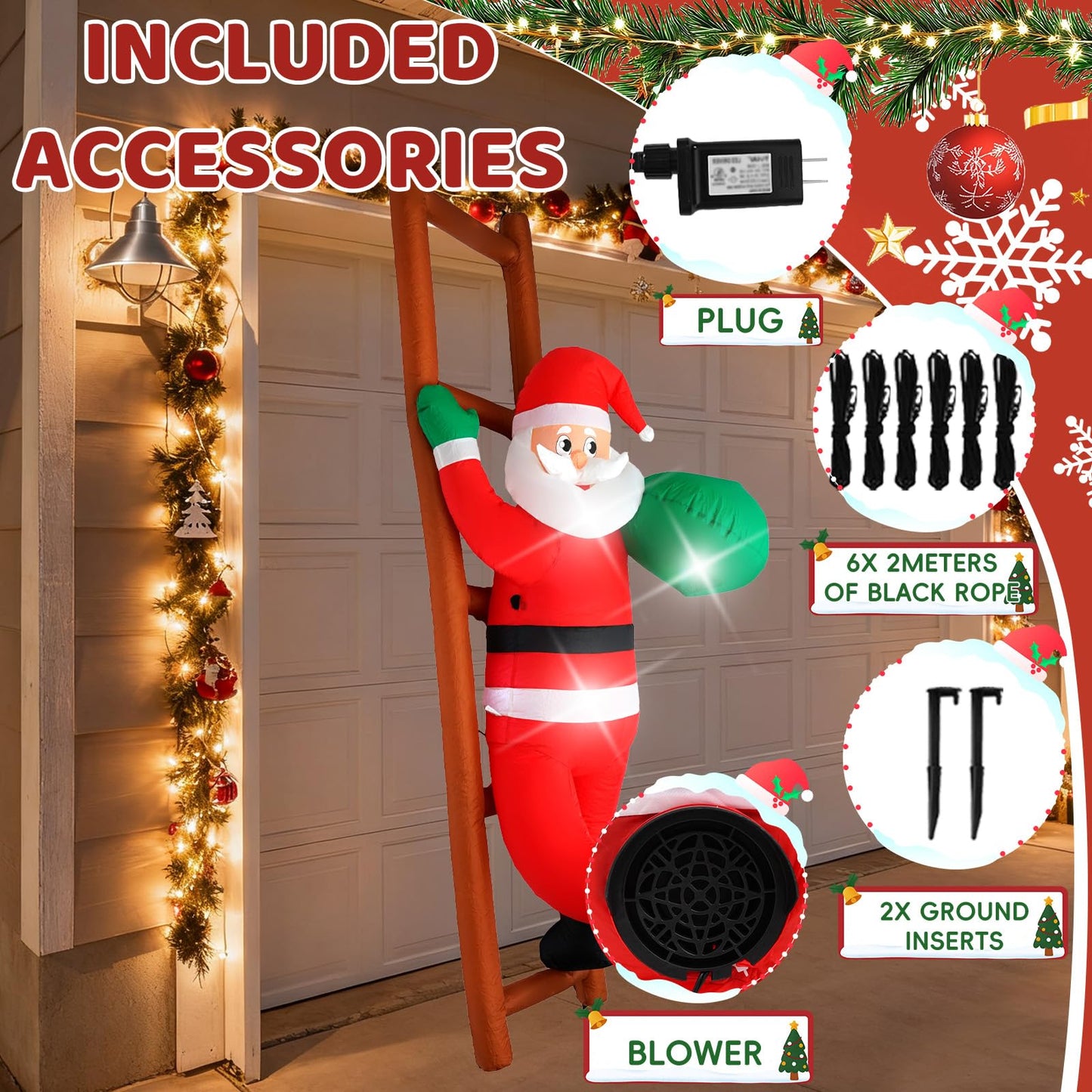 InfleasJoiy 8FT Santa Claus Climbing on Ladder Christmas Decoration with Built-in LED Lights, Christmas Outdoor Inflatable Decoration for Lawn, Yard, Garden, Patio