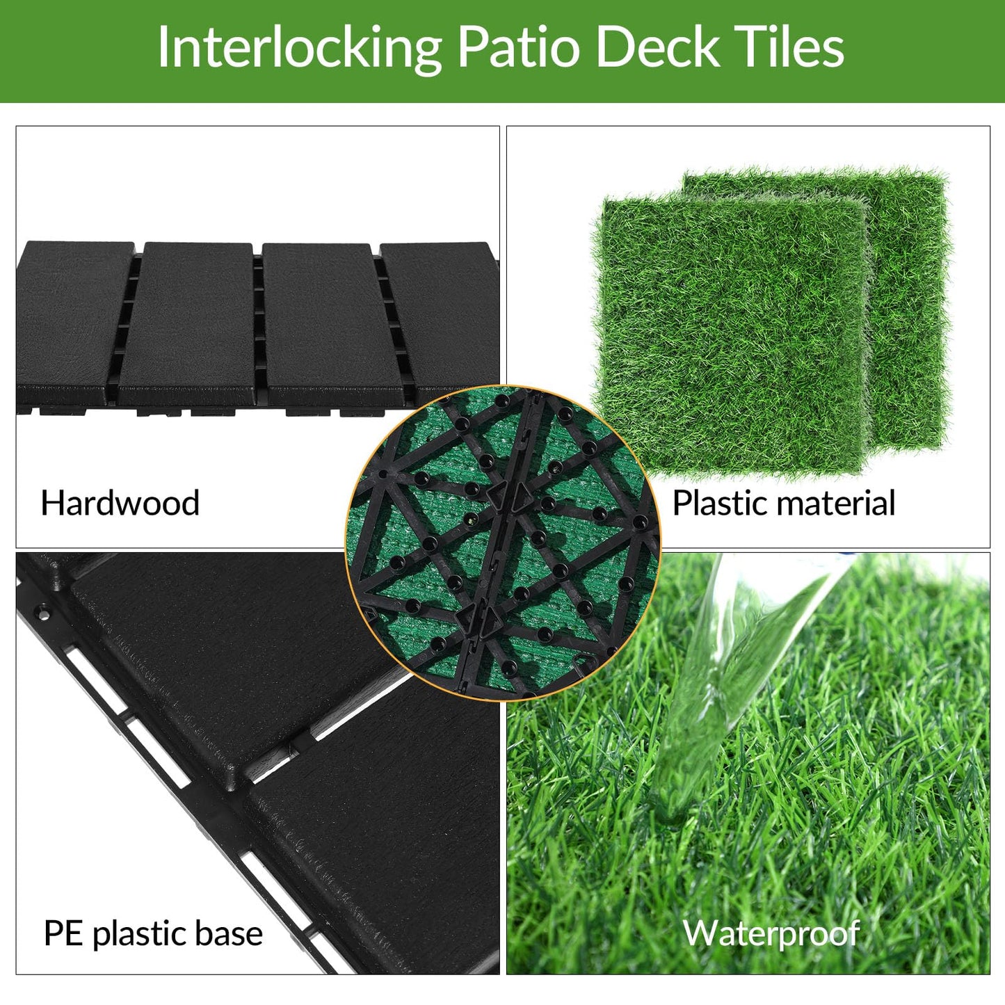 Treela 48 Pcs 12"x12" Plastic Interlocking Deck Tiles and Artificial Grass Tiles Waterproof Patio Balcony Flooring Covers 46.5 Sq. ft for Balcony Patio Deck Flooring Decor