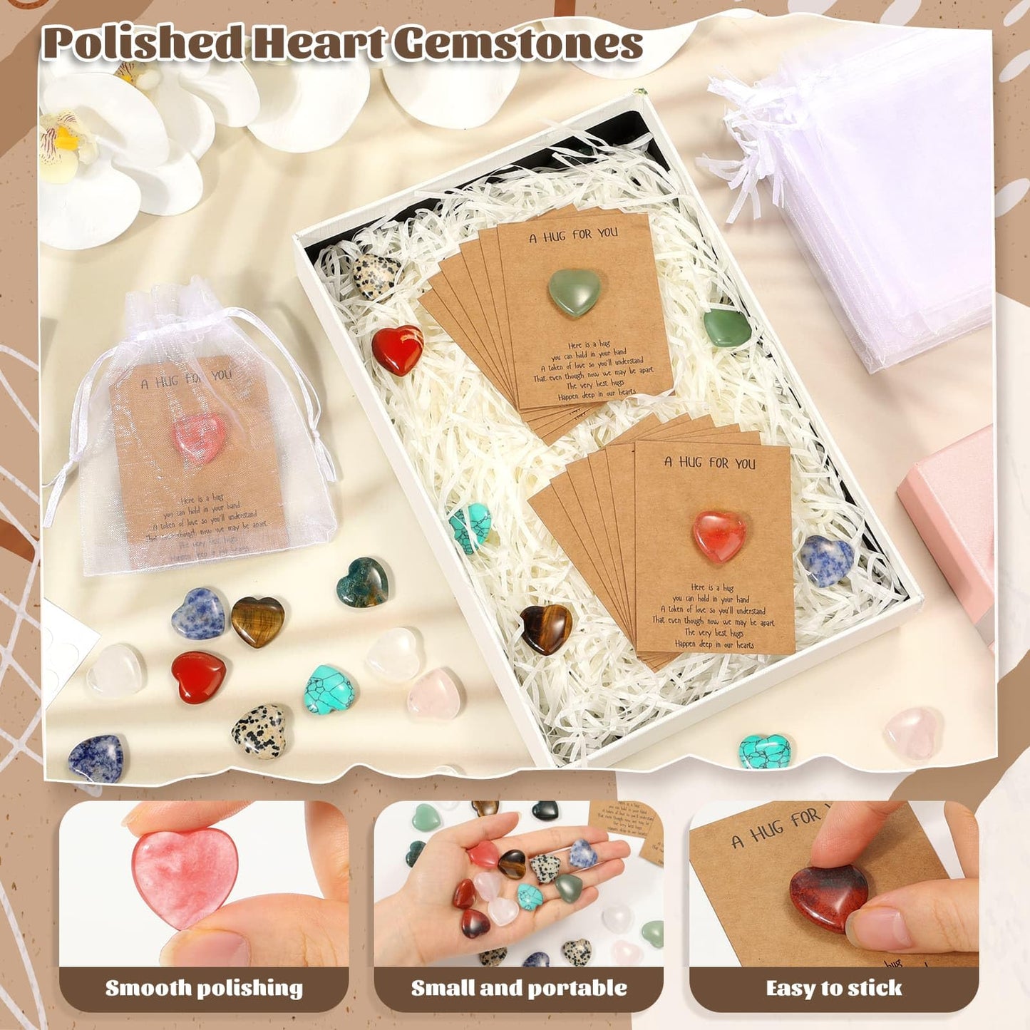 30 Pcs Heart Crystals and Healing Stones Bulk, 0.8" Polished Natural Heart Shaped Rocks Gemstones with Hug Cards Set for Meditation Balancing Chakra Reiki Valentines Mother's Day Gifts