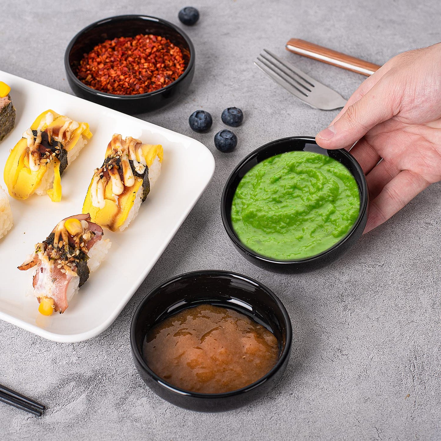 DELLING 3.5 oz Black Dipping Bowls Set of 8, Porcelain Sauce Cups - Charcuterie Cups for Soy Sauce, Condiments, Ketchup - Microwave & Dishwasher Safe Small Bowls