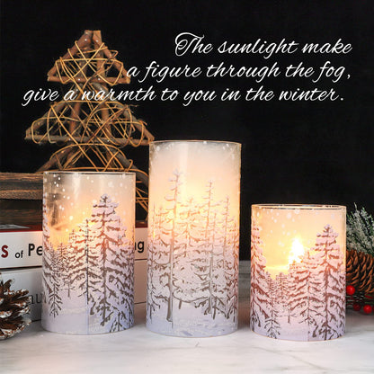 REVELBUNNY Christmas Tree Flameless Candles, Flickering Battery Operated LED Candles with Remote Timer, Snowflake Iced Glass Pillar Candles for Holiday Party Home Decoration Christmas Gifts, Set of 3